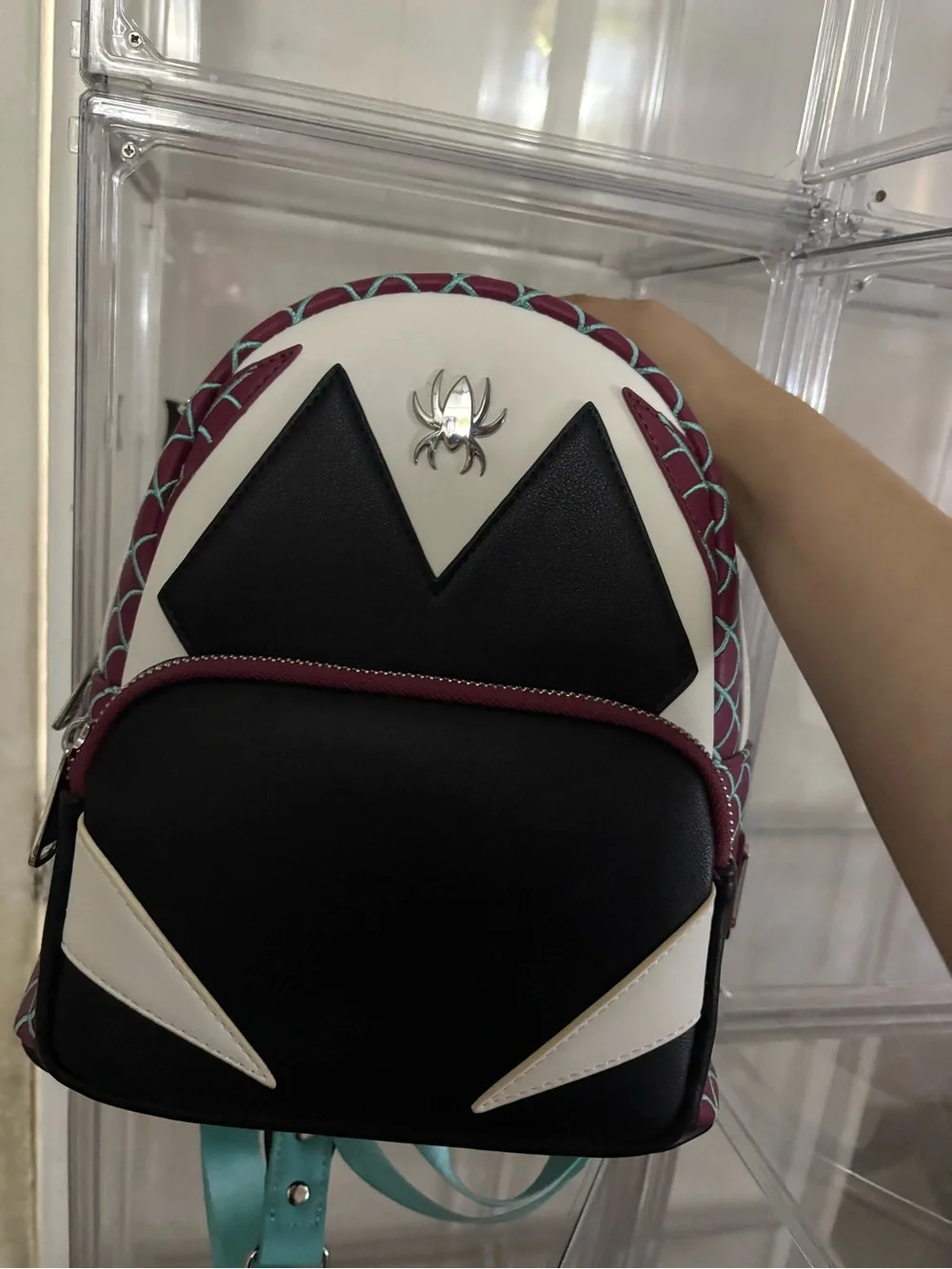 Spider Gwen Loungefly Black, White & Burgundy Mini Backpack with Teal Accents